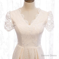 Short Sleeves Short Champagne Lace Prom Dresses, Short Champagne Lace Formal Wedding Dresses
