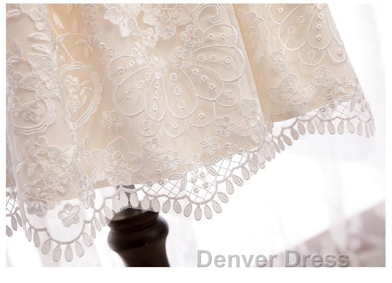 Short Sleeves Short Champagne Lace Prom Dresses, Short Champagne Lace Formal Wedding Dresses