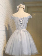 Short Sleeves Silver Gray Lace Prom Dress, Lace Graduation Homecoming Dresses