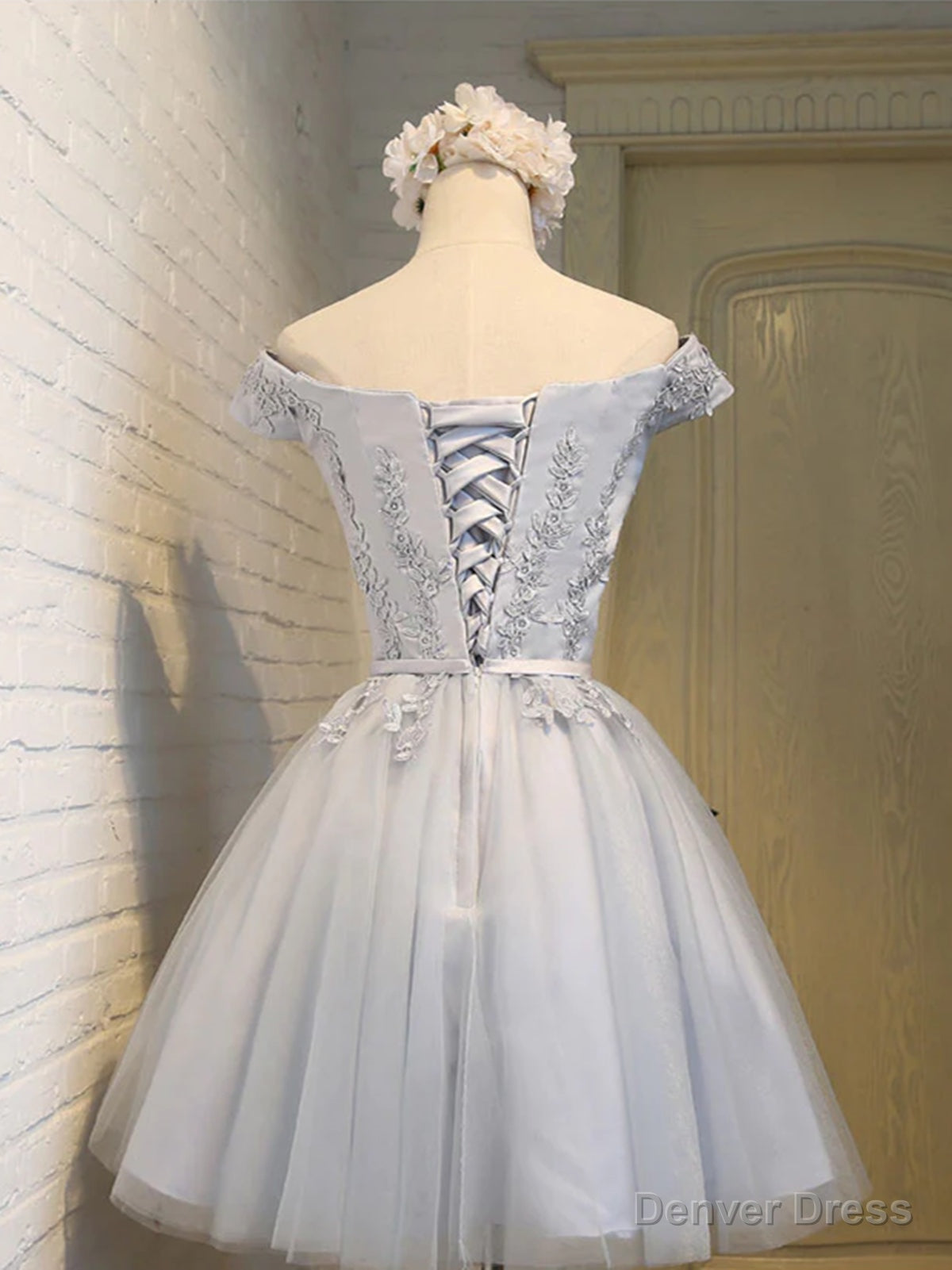 Short Sleeves Silver Gray Lace Prom Dress, Lace Graduation Homecoming Dresses