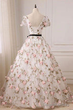 Short Sleeves V Neck Pink 3D Flower White Long Prom Dress, V Neck White Formal Evening Dress With Pink Appliques