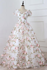 Short Sleeves V Neck Pink 3D Flower White Long Prom Dress, V Neck White Formal Evening Dress With Pink Appliques