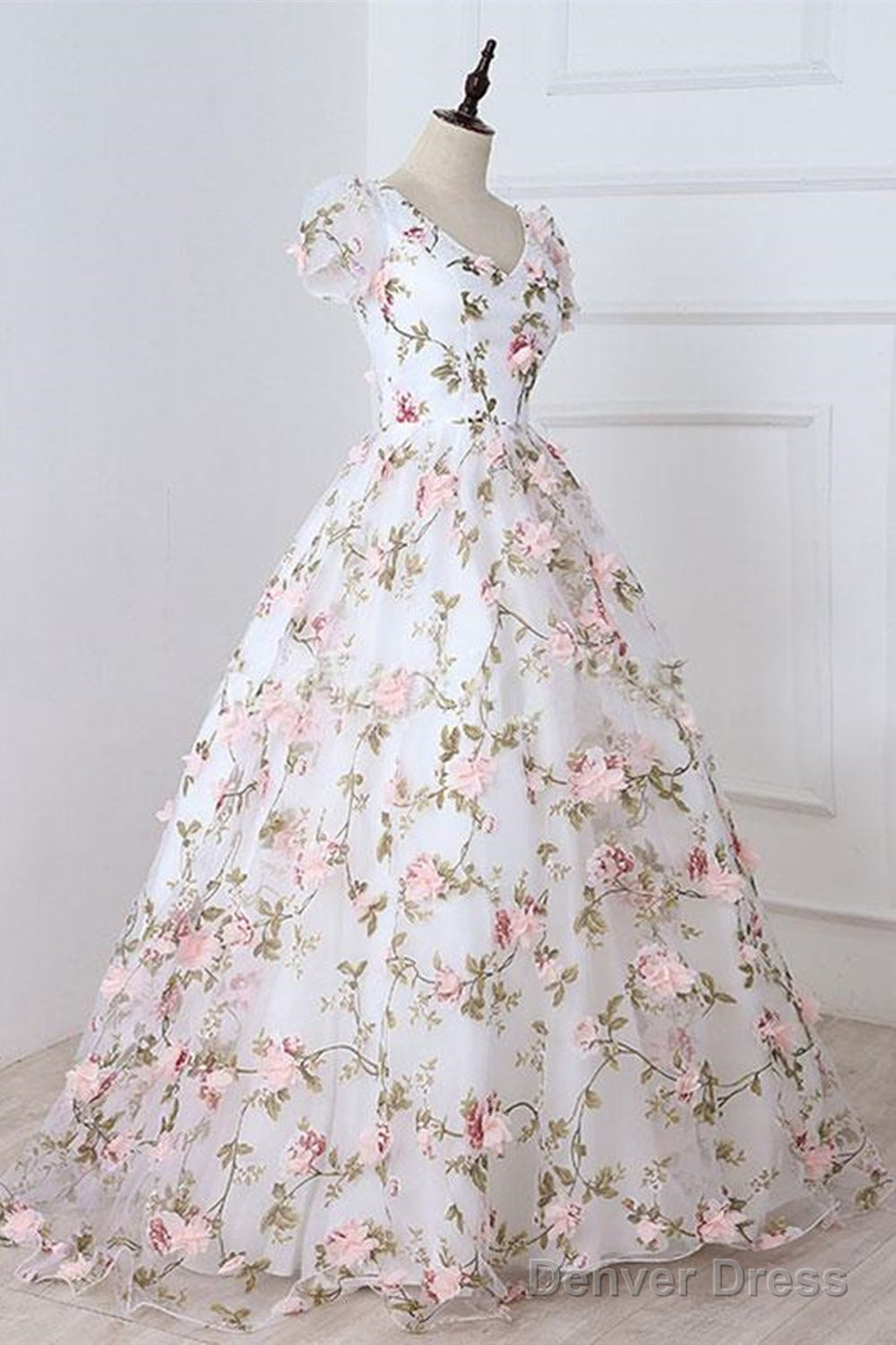 Short Sleeves V Neck Pink 3D Flower White Long Prom Dress, V Neck White Formal Evening Dress With Pink Appliques