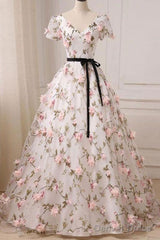 Short Sleeves V Neck Pink 3D Flower White Long Prom Dress, V Neck White Formal Evening Dress With Pink Appliques