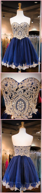 Short Sweetheart Sleeveless Lace Rhinestone Beads Royal Blue Appliques Open Back Chiffon Homecoming Dresses