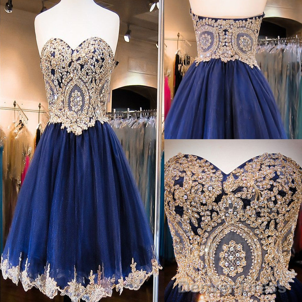Short Sweetheart Sleeveless Lace Rhinestone Beads Royal Blue Appliques Open Back Chiffon Homecoming Dresses