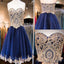 Short Sweetheart Sleeveless Lace Rhinestone Beads Royal Blue Appliques Open Back Chiffon Homecoming Dresses