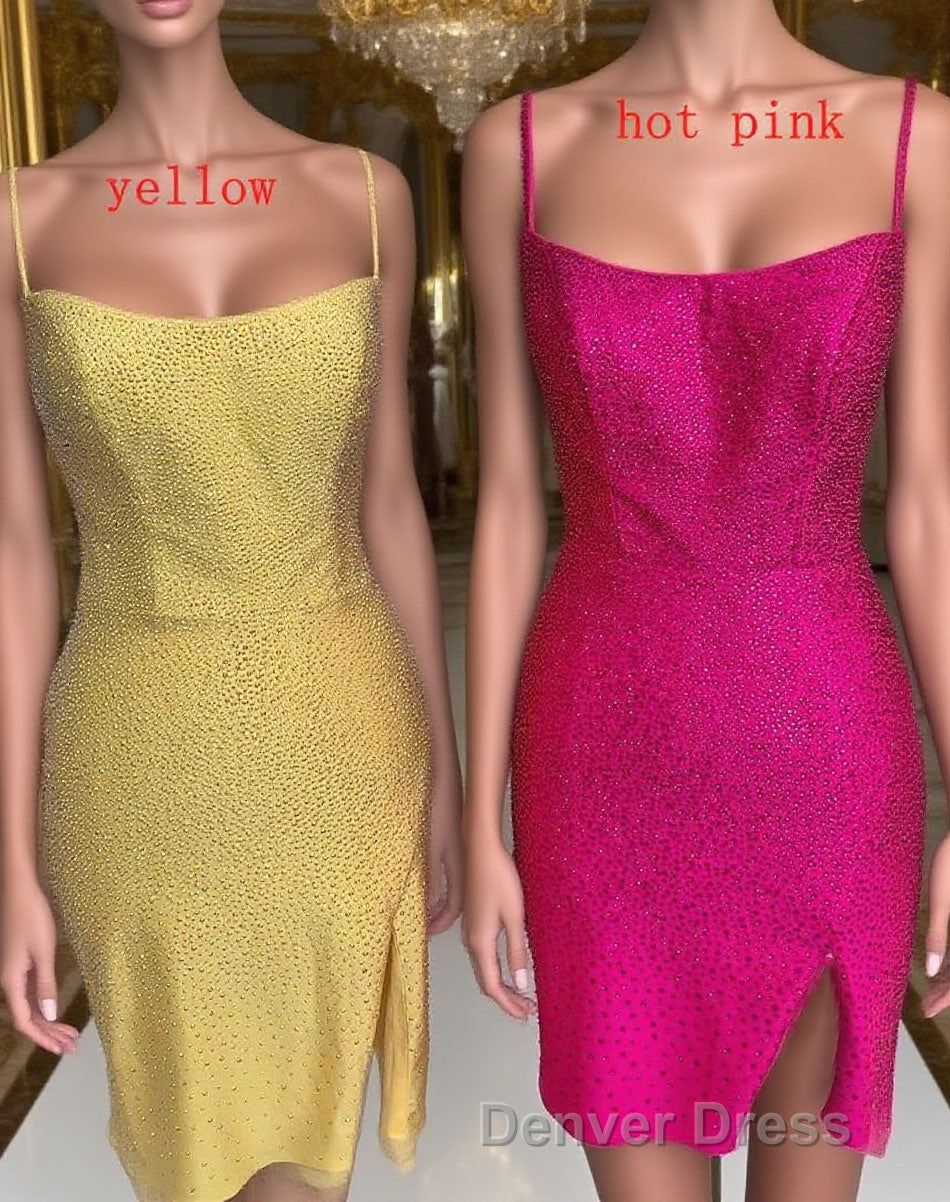 Short Tight Yellow Homecoming Dresses,Crystal Beaded Semi Formal Dresses