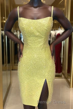 Short Tight Yellow Homecoming Dresses with Lace Up