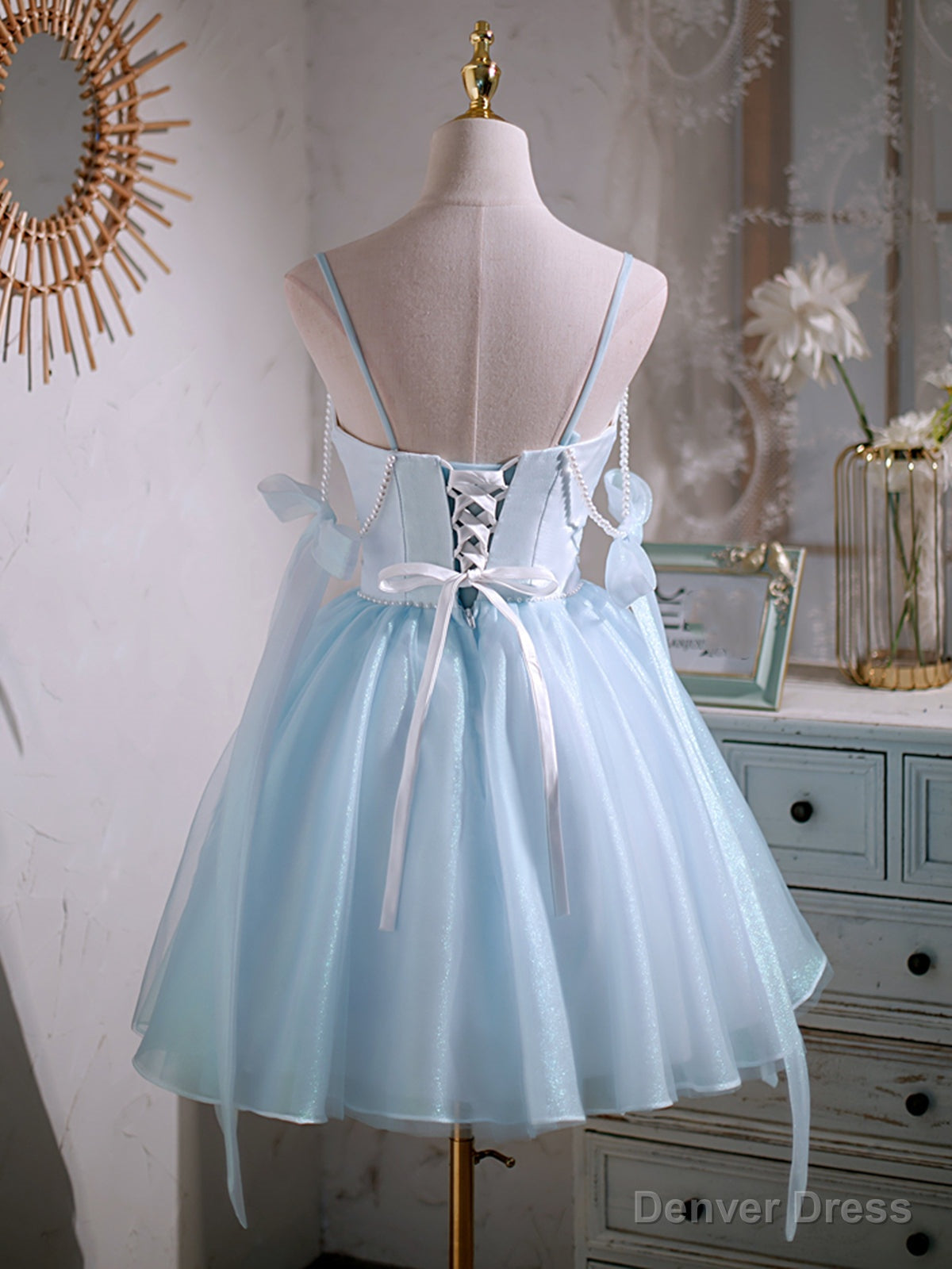 Short V Neck Beaded Blue Prom Dress, Short Blue V Neck Prom Homecoming Dresses Secondary image