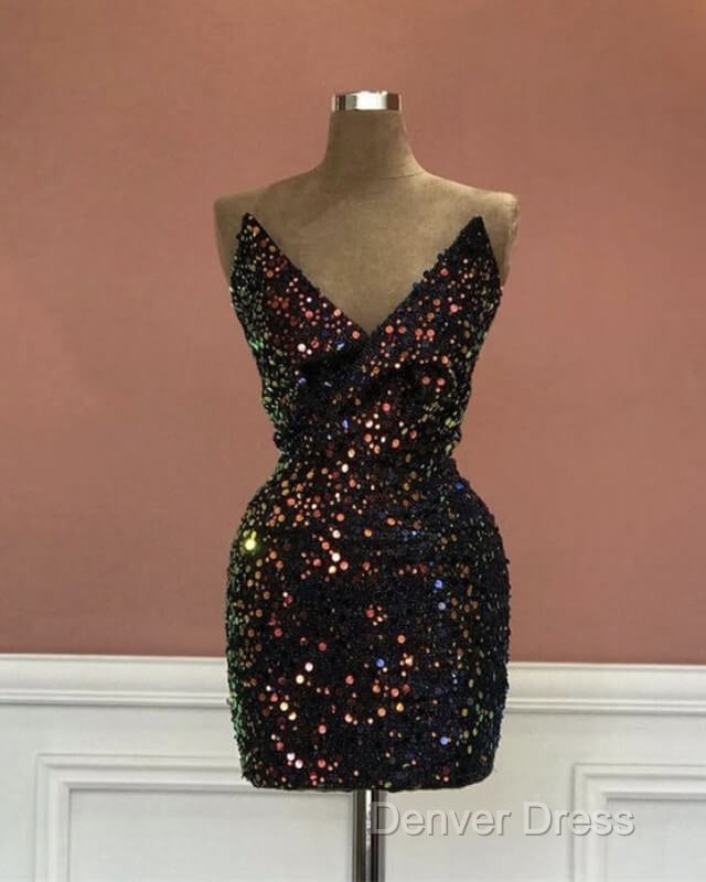 Short V-Neck Black Sequin Tight Dresses Secondary image