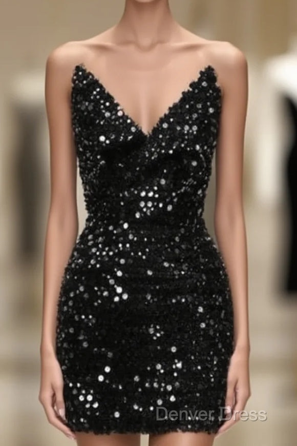 Short V-Neck Black Sequin Tight Dresses Main image