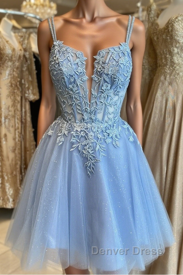 Short V Neck Blue Lace Prom Dresses, V Neck Short Blue Lace Formal Homecoming Dresses Main image