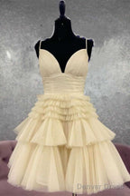 Short V Neck Blue Pink Champagne Prom Dress, V Neck Blue Pink Champagne Prom Homecoming Dresses