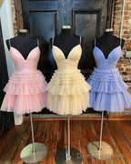 Short V Neck Blue Pink Champagne Prom Dress, V Neck Blue Pink Champagne Prom Homecoming Dresses