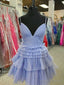 Short V Neck Blue Pink Champagne Prom Dress, V Neck Blue Pink Champagne Prom Homecoming Dresses