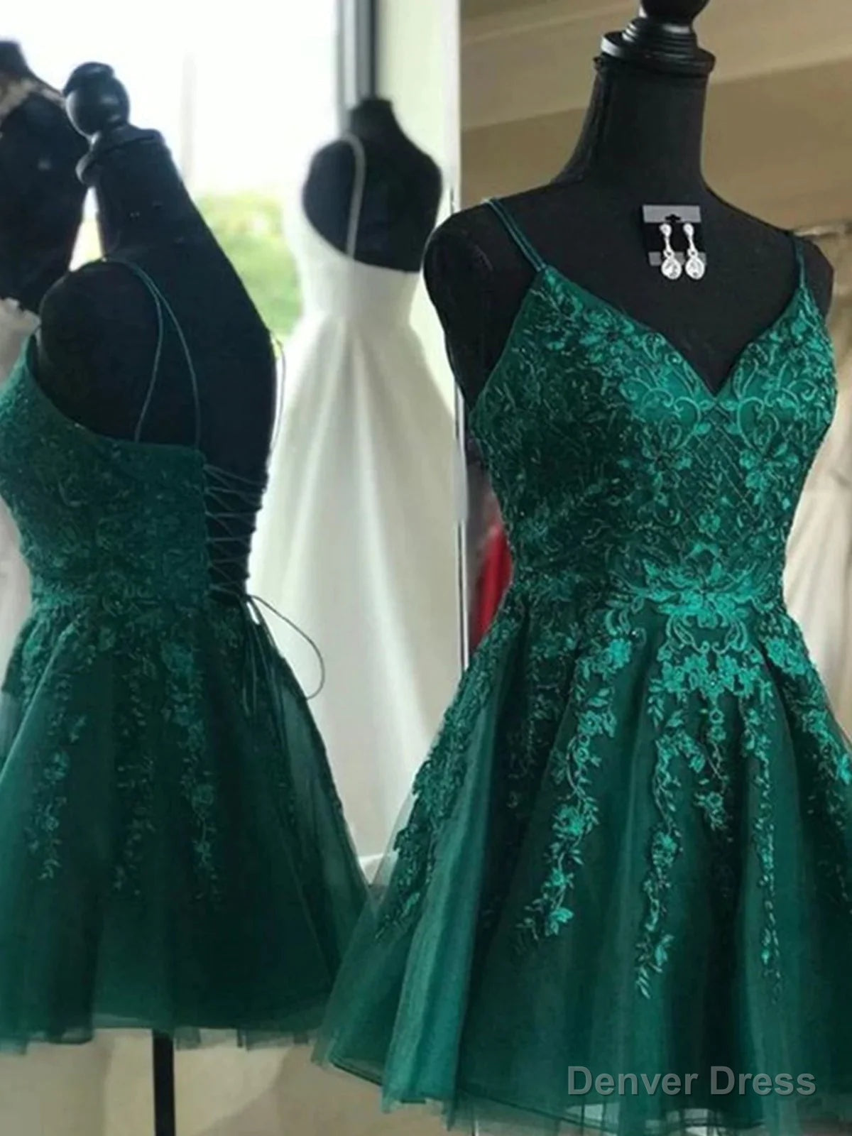 Short V Neck Dark Green Lace Prom Dress, Short Dark Green Lace Graduation Homecoming Dresses Main image