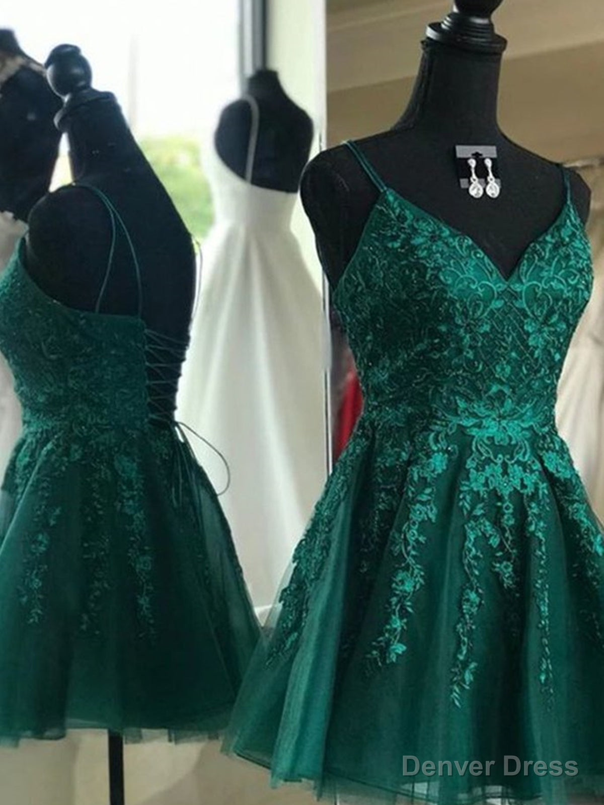 Short V Neck Green Lace Prom Dresses, Backless Short V Neck Green Lace Formal Homecoming Dresses Main image