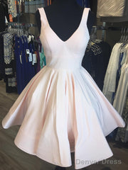 Short V Neck Light Pink Satin Prom Dresses, Short V Neck Pink Formal Graduation Dresses