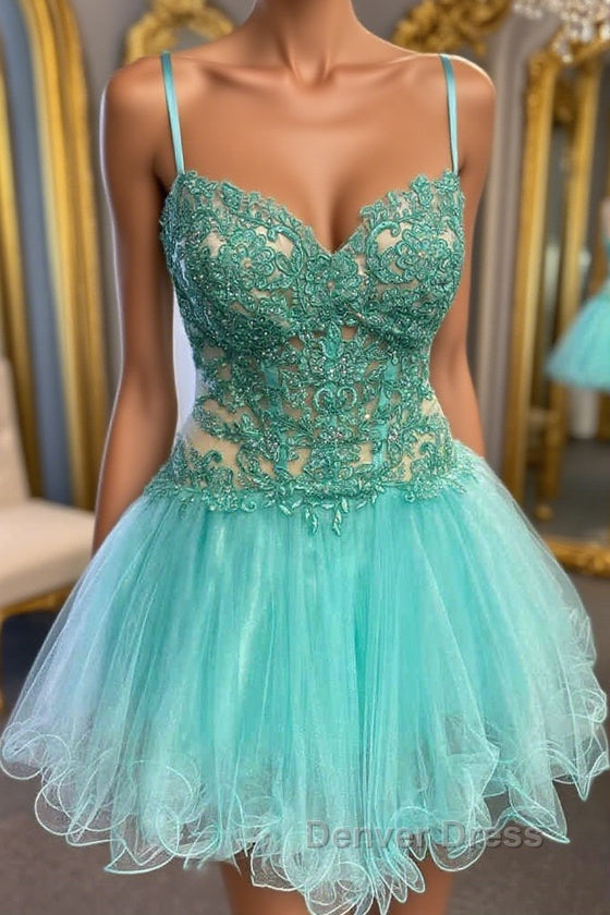 Short V Neck Mint Green Lace Prom Dresses, Short Mint Green Lace Formal Homecoming Dresses Main image