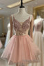 Short V Neck Pink Lace Prom Dress, Short Pink Lace Graduation Homecoming Dresses
