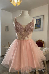 Short V Neck Pink Lace Prom Dresses, Short Pink Lace Graduation Homecoming Dresses