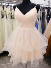 Short V Neck Pink Light Champagne Prom Dresses, V Neck Short Formal Graduation Dresses
