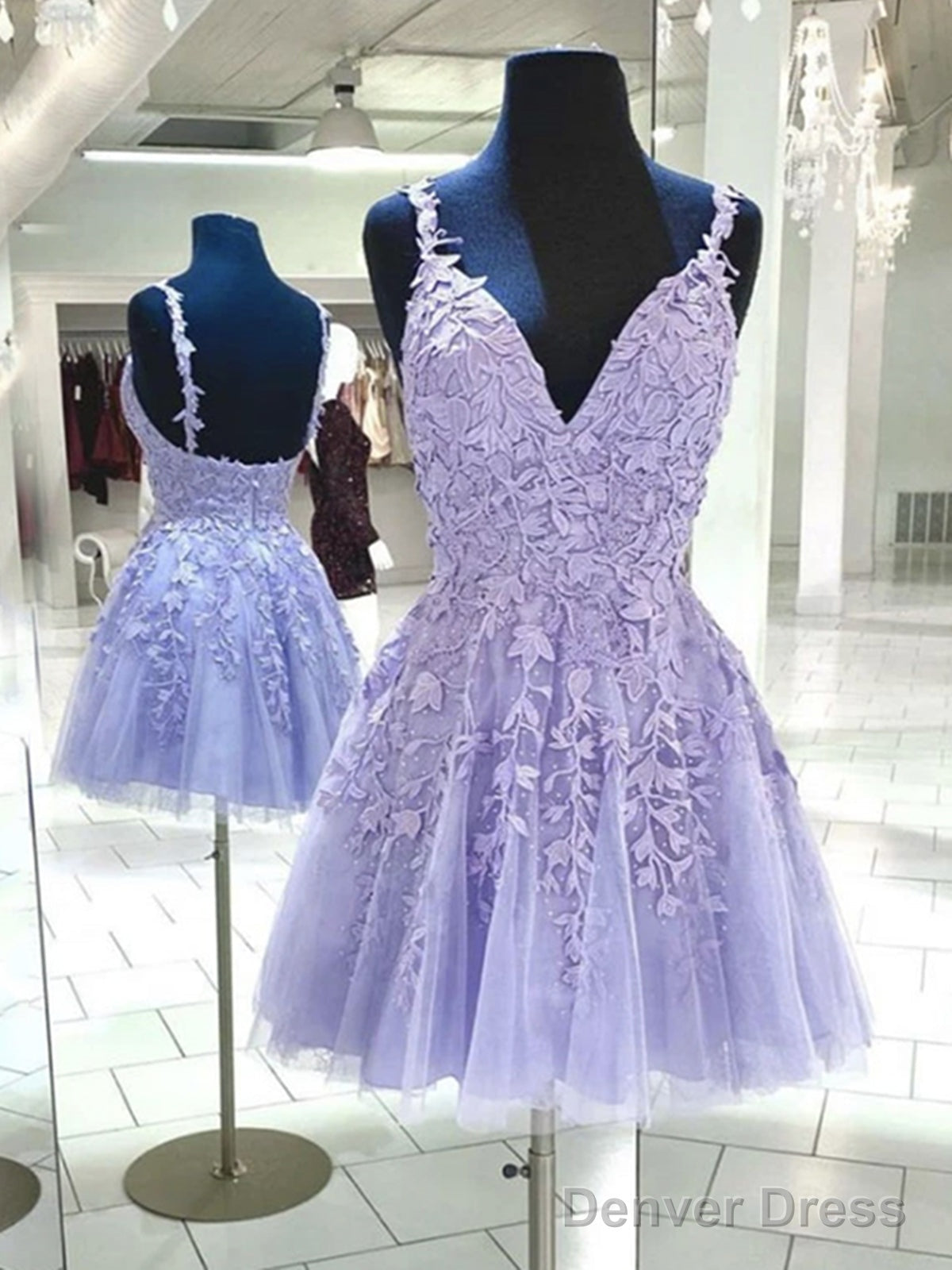 Short V Neck Purple Lace Prom Dresses, Short Purple Lace Formal Homecoming Dresses Main image