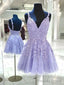 Short V Neck Purple Lace Prom Dresses, Short Purple Lace Formal Homecoming Dresses