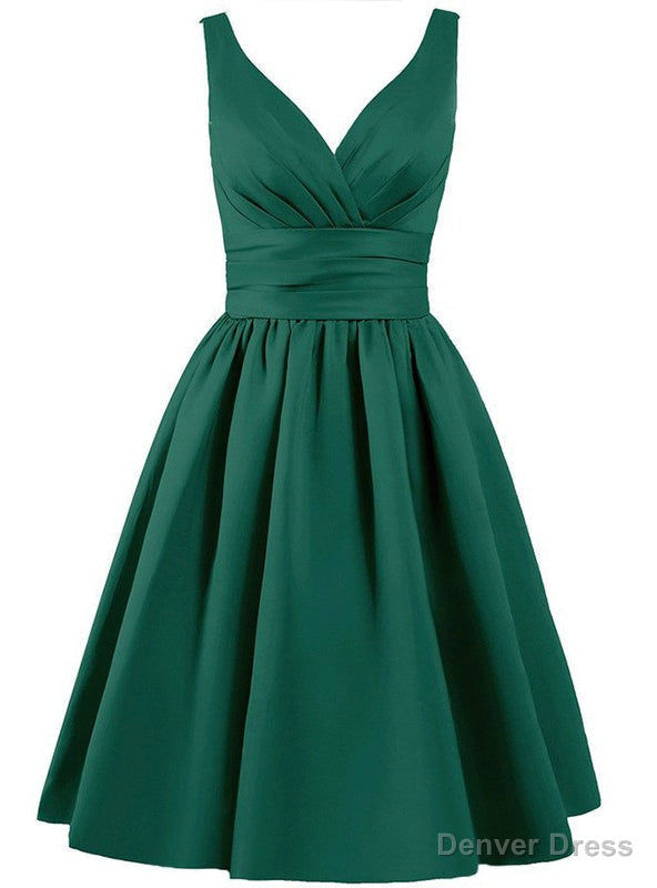 Short V Neck Satin Knee Length With Pleats Bridesmaid Dresses Main image