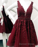 Short V Neck Tulle Prom Homecoming Dresses Lace Embroidery