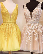 Short V Neck Tulle Prom Homecoming Dresses Lace Embroidery