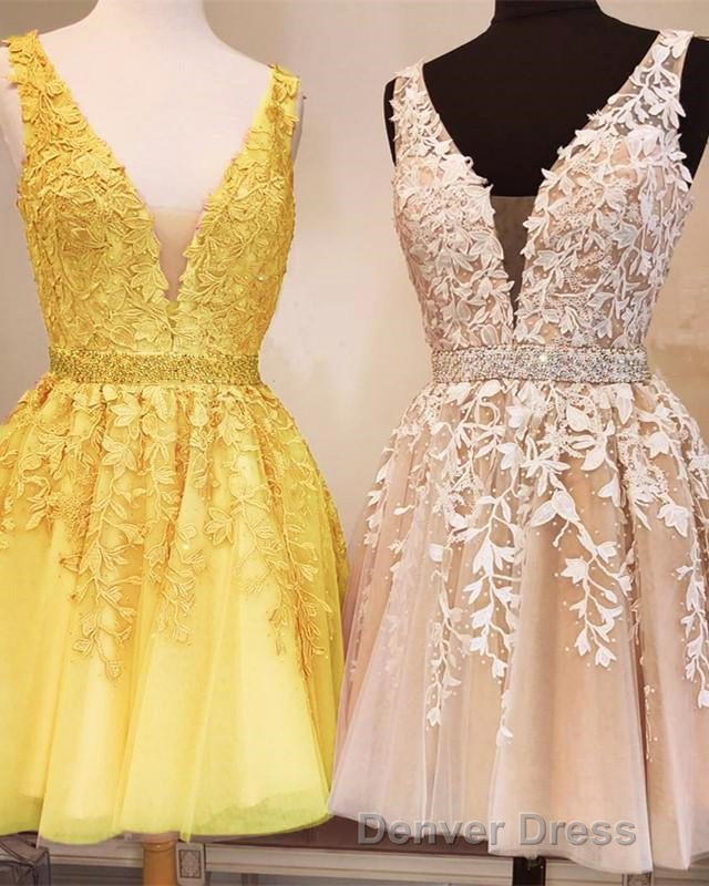 Short V Neck Tulle Prom Homecoming Dresses Lace Embroidery