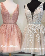 Short V Neck Tulle Prom Homecoming Dresses Lace Embroidery