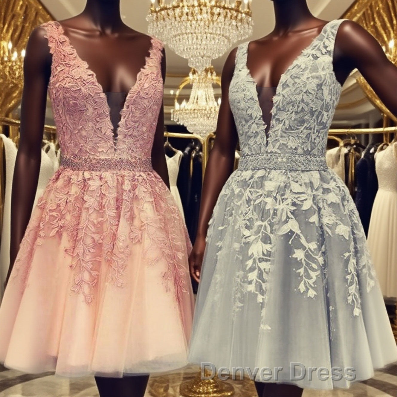 Short V-neck Tulle Prom Homecoming Dresses Lace Embroidery Main image