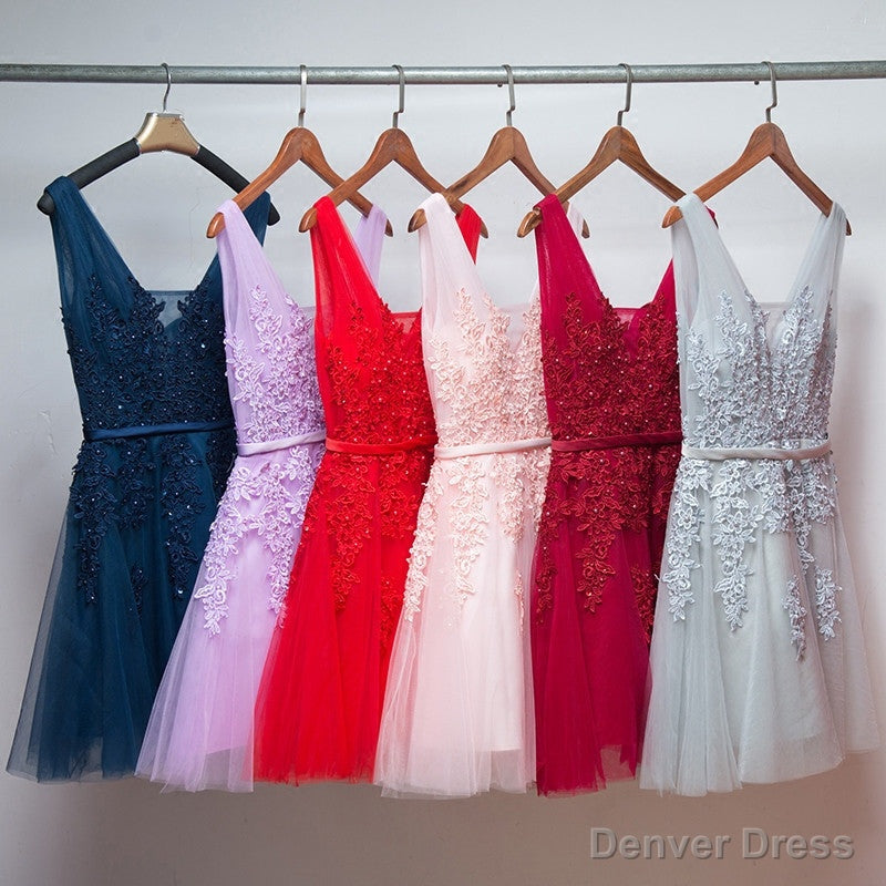 Short V Neckline Tulle with Applique Short Prom Dress, Cute Prom Dresses