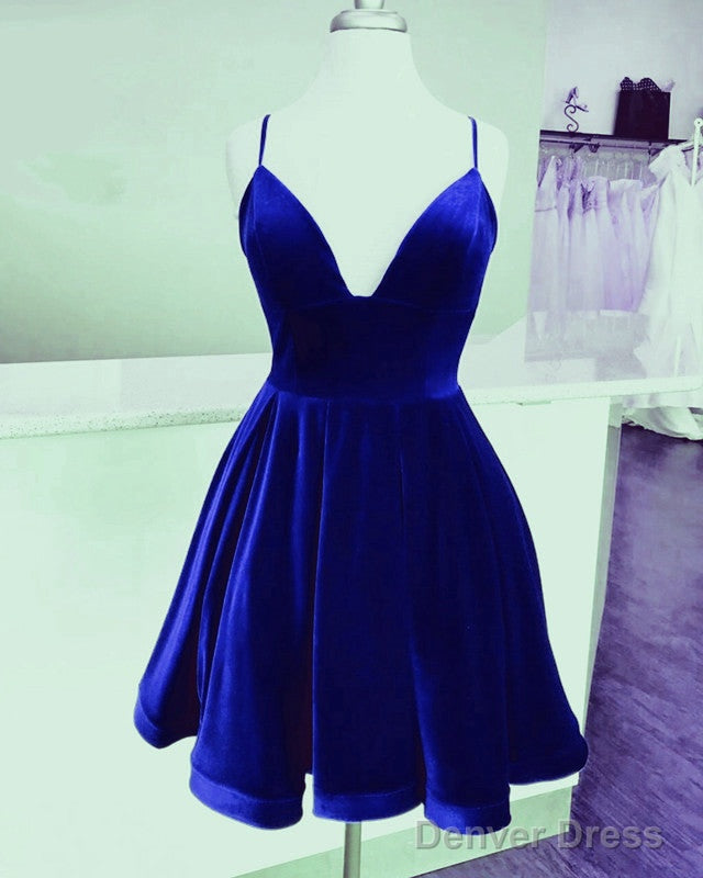 Short Velvet Prom Dresses V Neck Spaghetti Straps