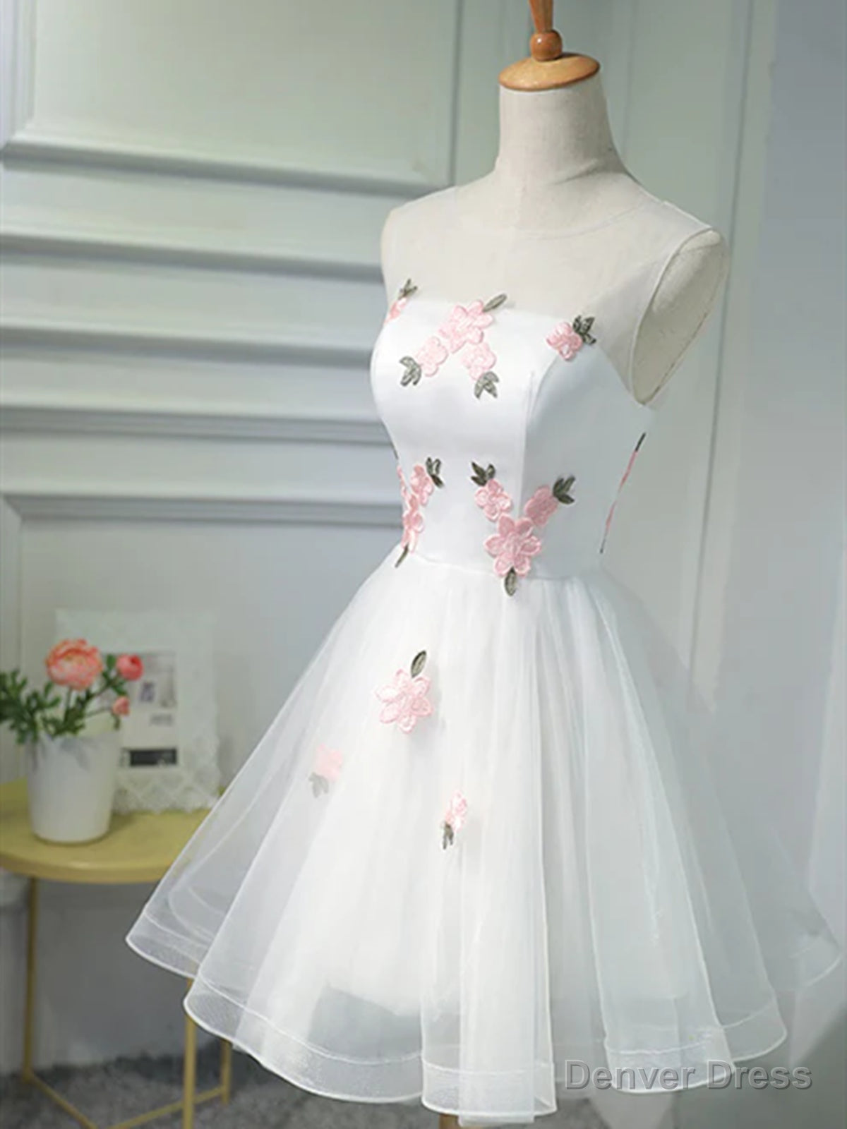 Short White Floral Prom Dresses, Short White Floral Formal Homecoming Dresses Secondary image