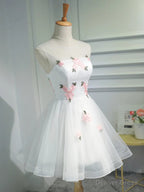 Short White Floral Prom Dress, Short White Floral Prom Homecoming Dresses