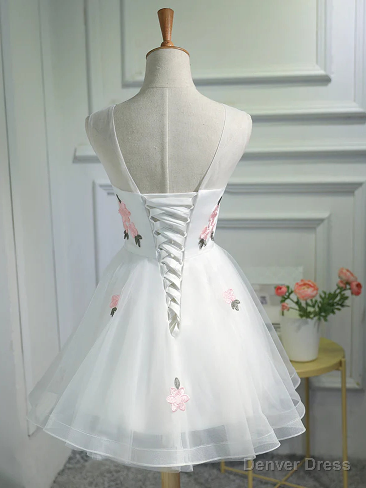 Short White Floral Prom Dress, Short White Floral Prom Homecoming Dresses