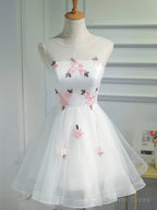 Short White Floral Prom Dress, Short White Floral Prom Homecoming Dresses