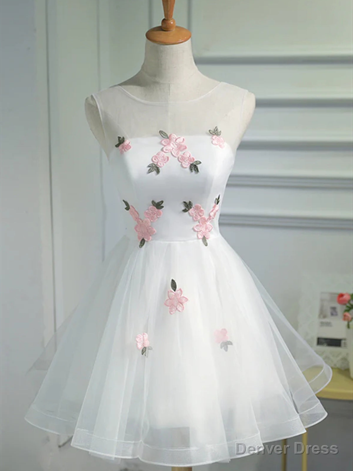 Short White Floral Prom Dress, Short White Floral Prom Homecoming Dresses