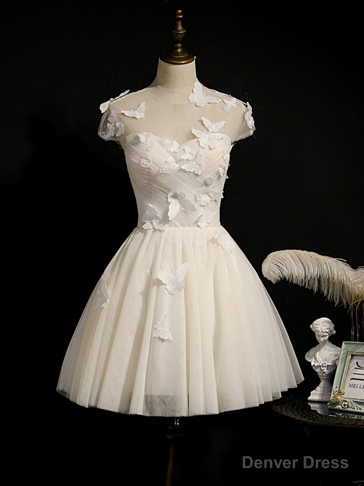 Short White Prom Dress with Butterfly, Short White Prom Homecoming Dresses