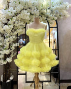 Short Yellw Tulle Ruffles Homecoming Dresses
