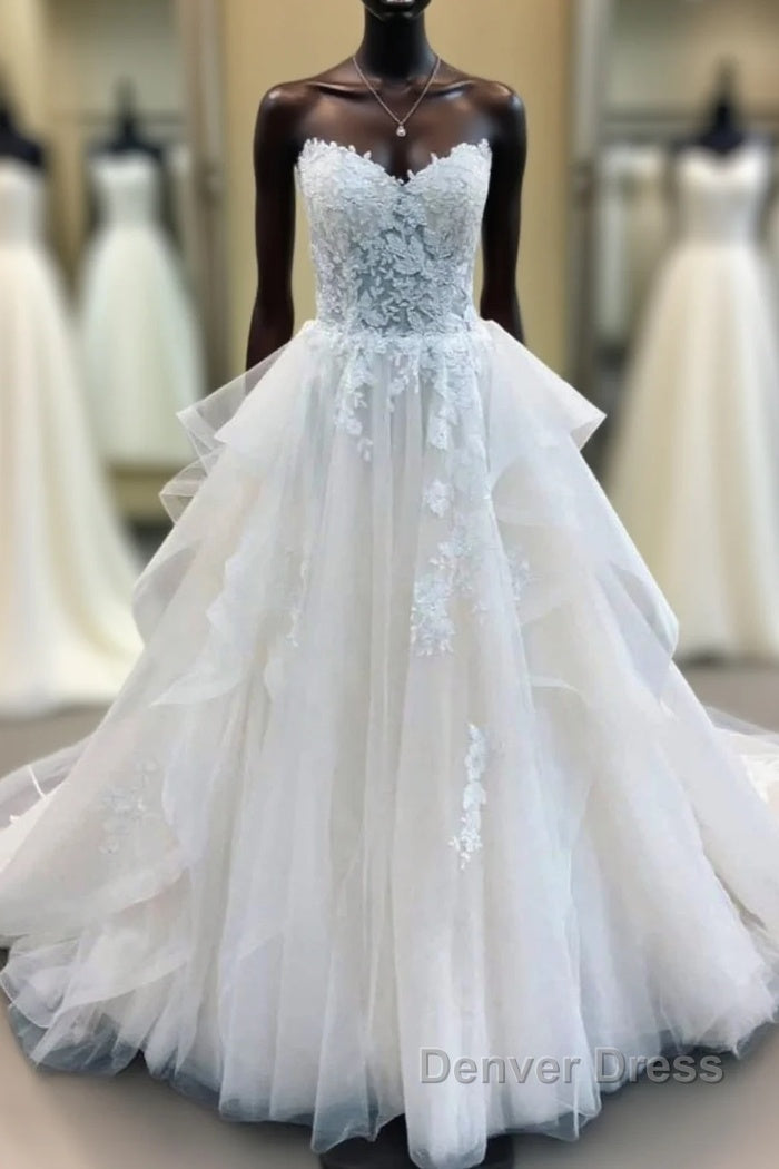 ShowprettyDresses Long A-Line Strapless Lace Tulle Wedding Dresses