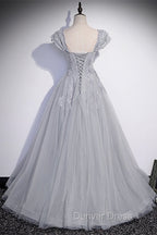 Silver A Line Long Prom Dresses with Cap Sleeves