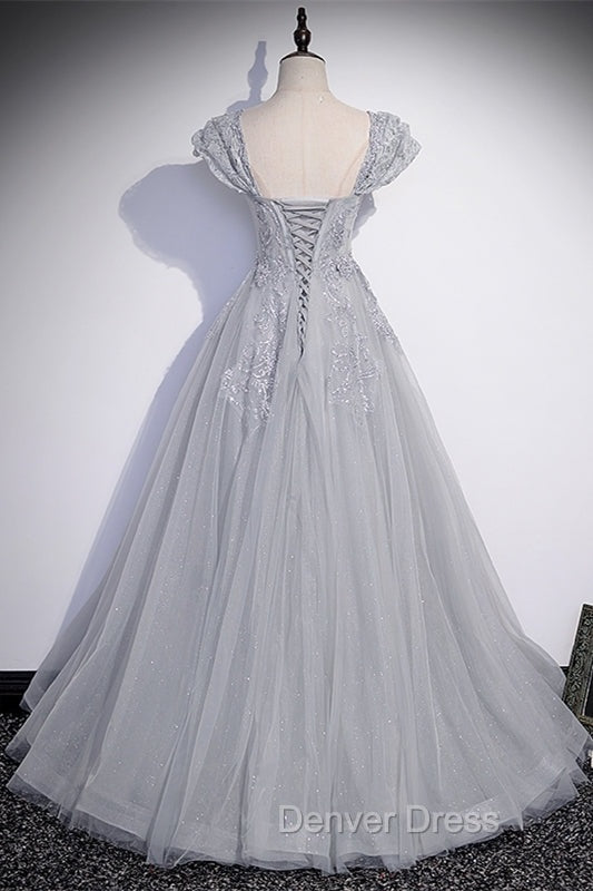 Silver A Line Long Prom Dresses with Cap Sleeves