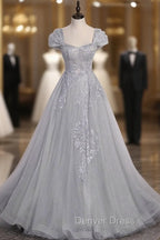 Silver A Line Long Prom Dresses with Cap Sleeves