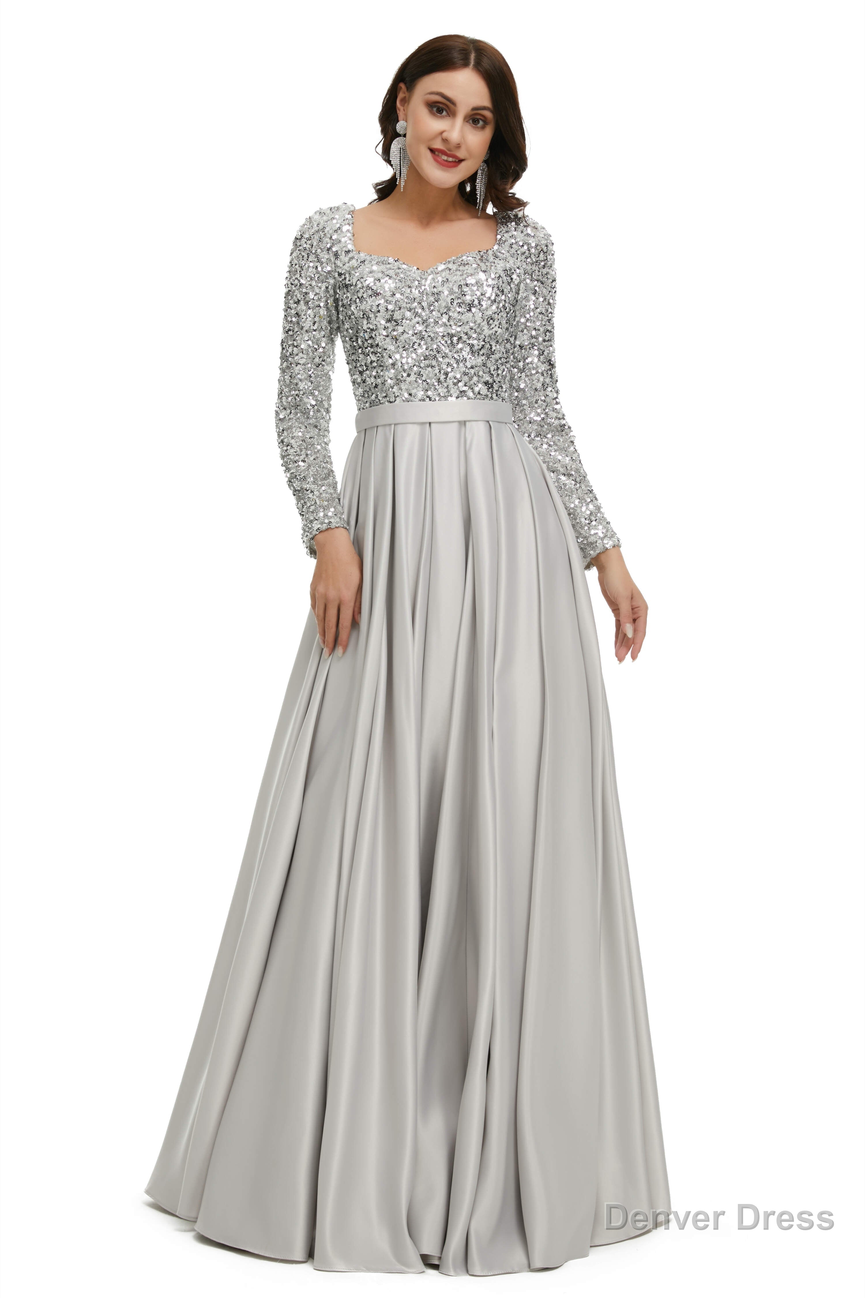 A Line Sequins Sweet Neck Long Sleeve Prom Dresses