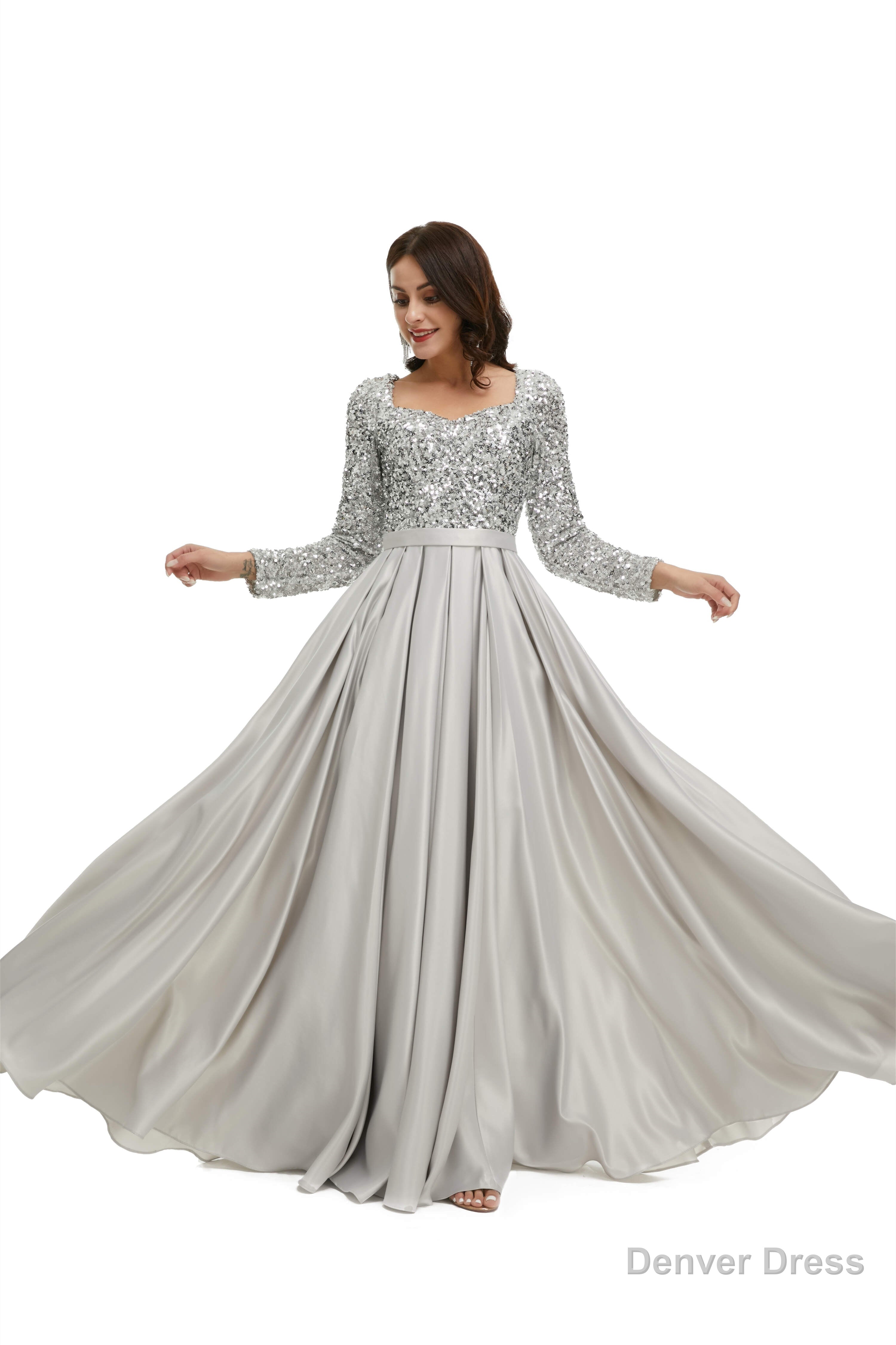 A Line Sequins Sweet Neck Long Sleeve Prom Dresses